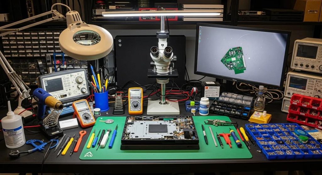 Workstation with tools and equipment for computer and gaming console repairs, including soldering iron, multimeters, and a microscope, illustrating professional tech support services.