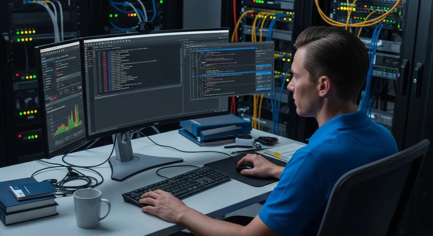 IT professional working on dual monitors in a server room, analysing code and system performance data, with visible programming interfaces and server equipment in the background.