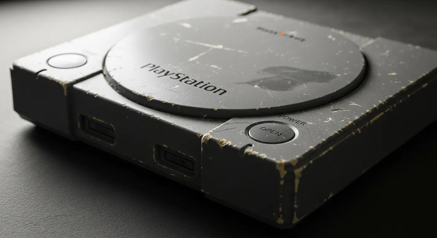 Vintage PlayStation console with visible wear and tear, showcasing power and open buttons, relevant to common gaming issues and repair services.