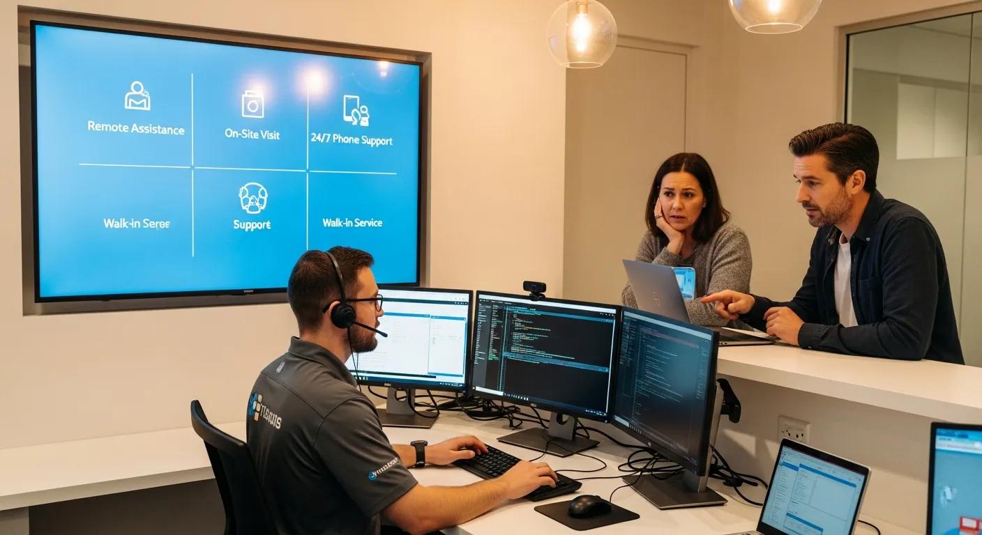 IT support team assisting clients with remote and walk-in services, featuring multiple computer monitors and a display screen outlining service options like remote assistance and 24/7 phone support.