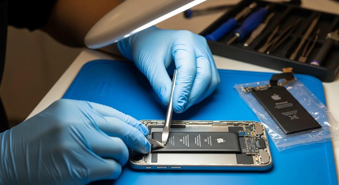 Technician replacing iPhone battery with tools on blue mat, illustrating local repair services in Griffith.