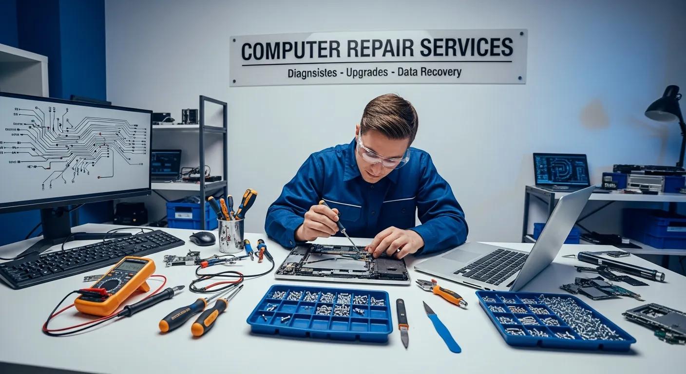 Technician repairing a laptop in a computer repair shop, surrounded by tools, components, and a computer screen displaying circuit diagrams, highlighting diagnostic and repair services.