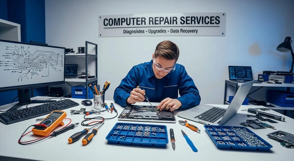 Technician performing computer repairs at a workstation with tools, laptop, and diagnostic equipment, featuring a sign that reads "Computer Repair Services" in a professional setting.