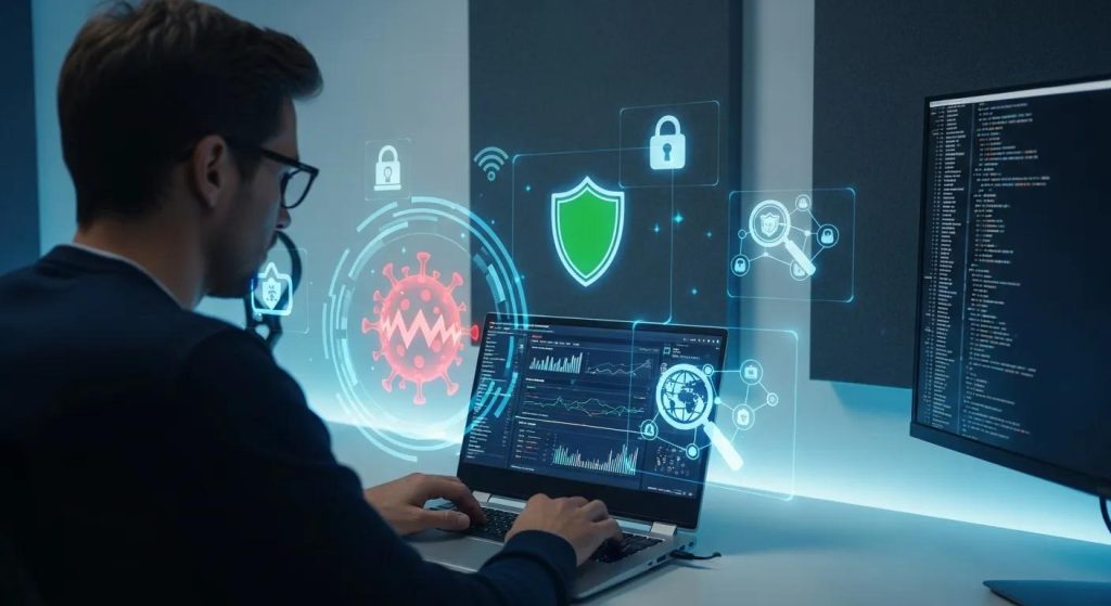 Person working on laptop with cybersecurity graphics, including virus detection, security shields, and data analytics, illustrating computer repair and virus cleaning services.