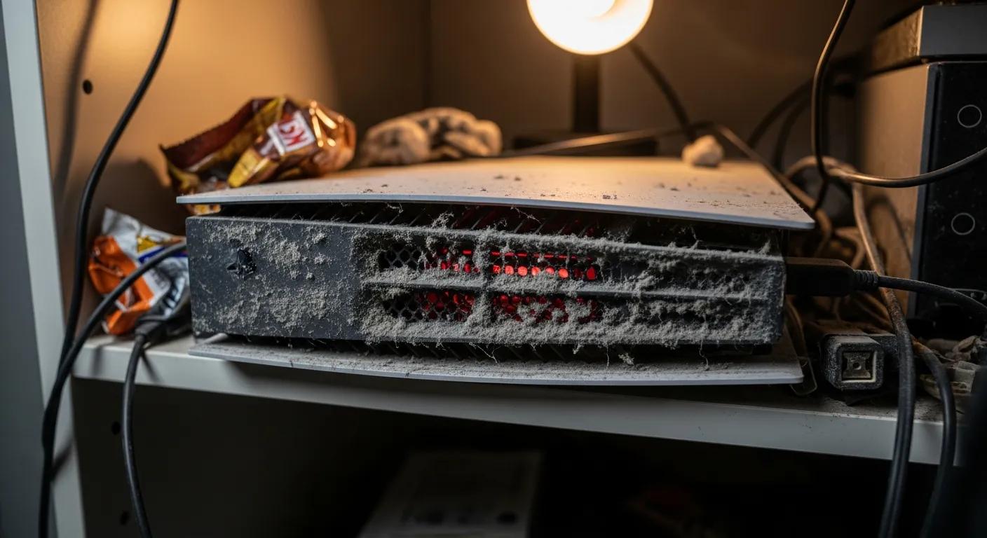 Dust-covered gaming console with visible overheating indicators, illustrating poor ventilation and maintenance issues relevant to console performance and lifespan concerns.