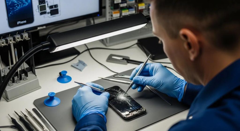 Technician repairing a cracked iPhone screen with tools on a workbench, highlighting expert phone repair services in Griffith.