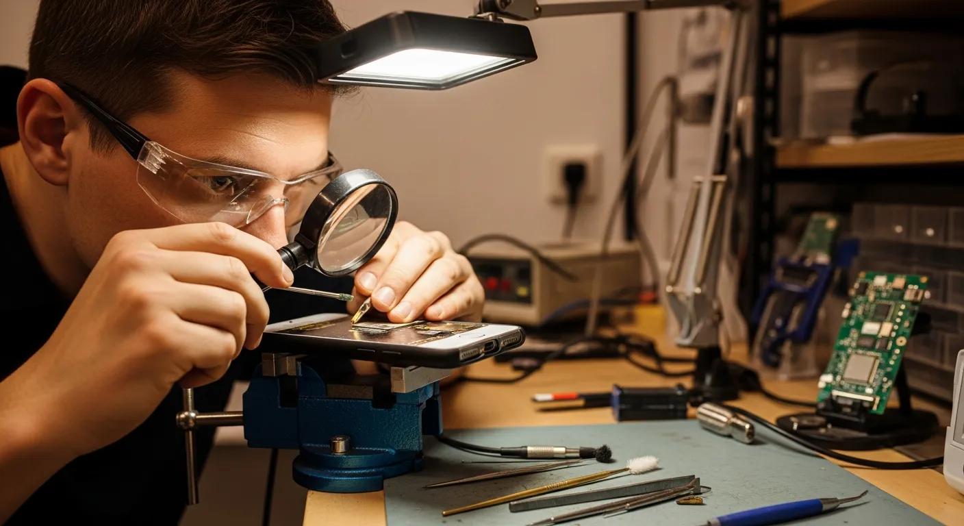Technician repairing smartphone charging port with magnifying glass and tools on workbench, highlighting professional phone repair services by Bizup.