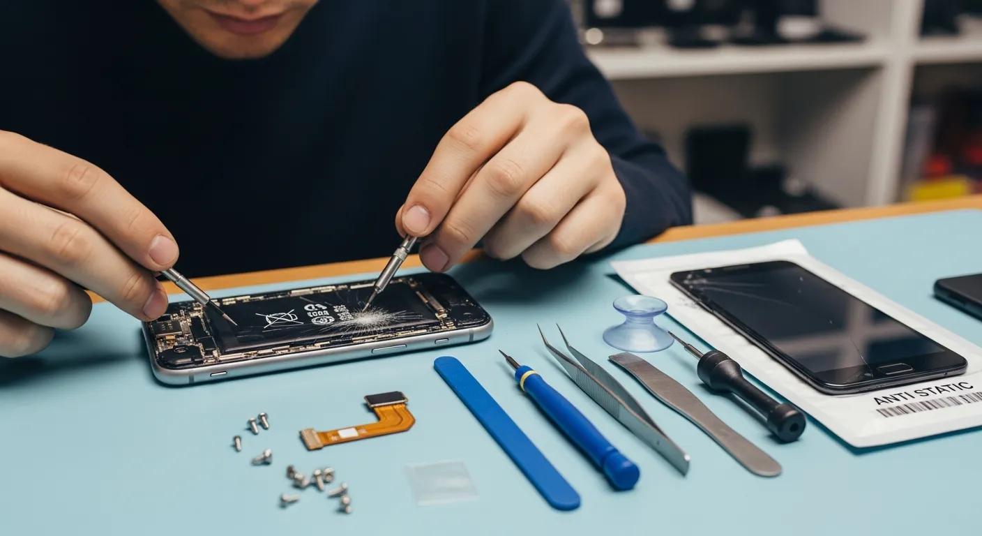Technician repairing smartphone with tools, showcasing phone screen replacement process and diagnostic work on a table with various repair instruments.