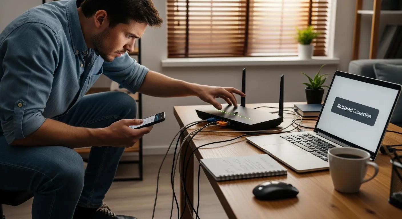 Man troubleshooting internet connection issues with a router and laptop displaying "No Internet Connection" message, surrounded by cables and a notebook on a wooden desk.