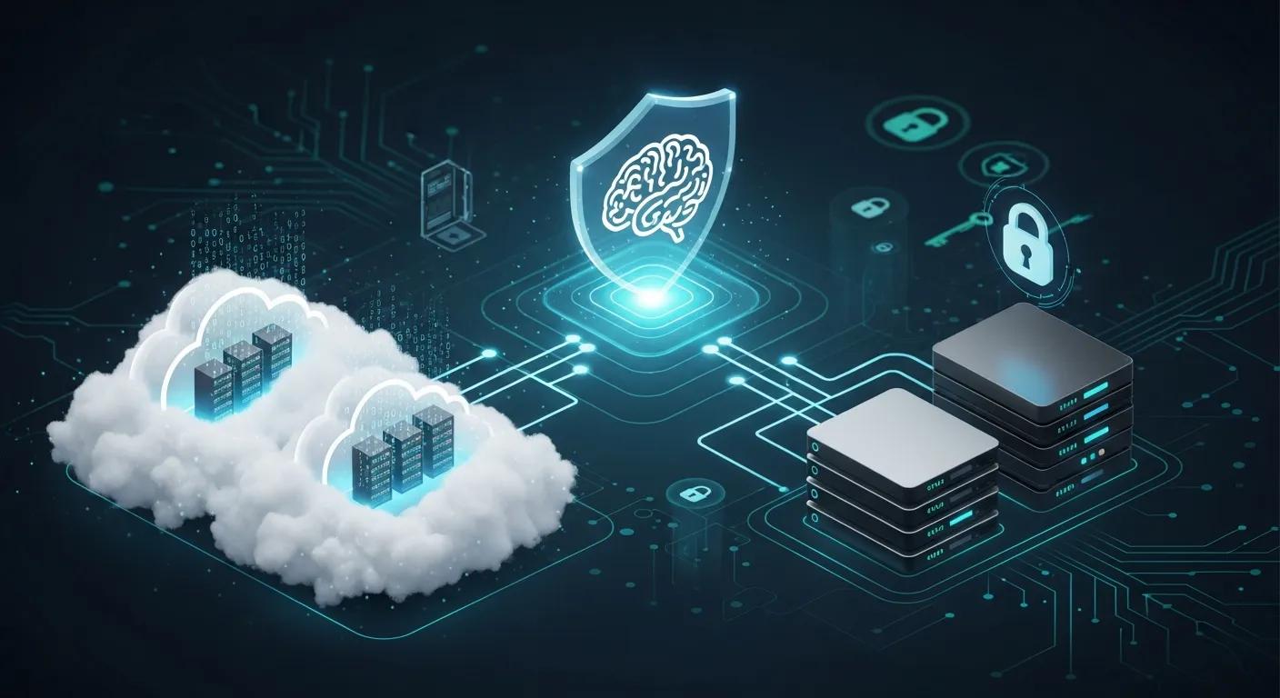 Cloud-based data storage with servers and digital security shield, representing backup solutions and data protection strategies.