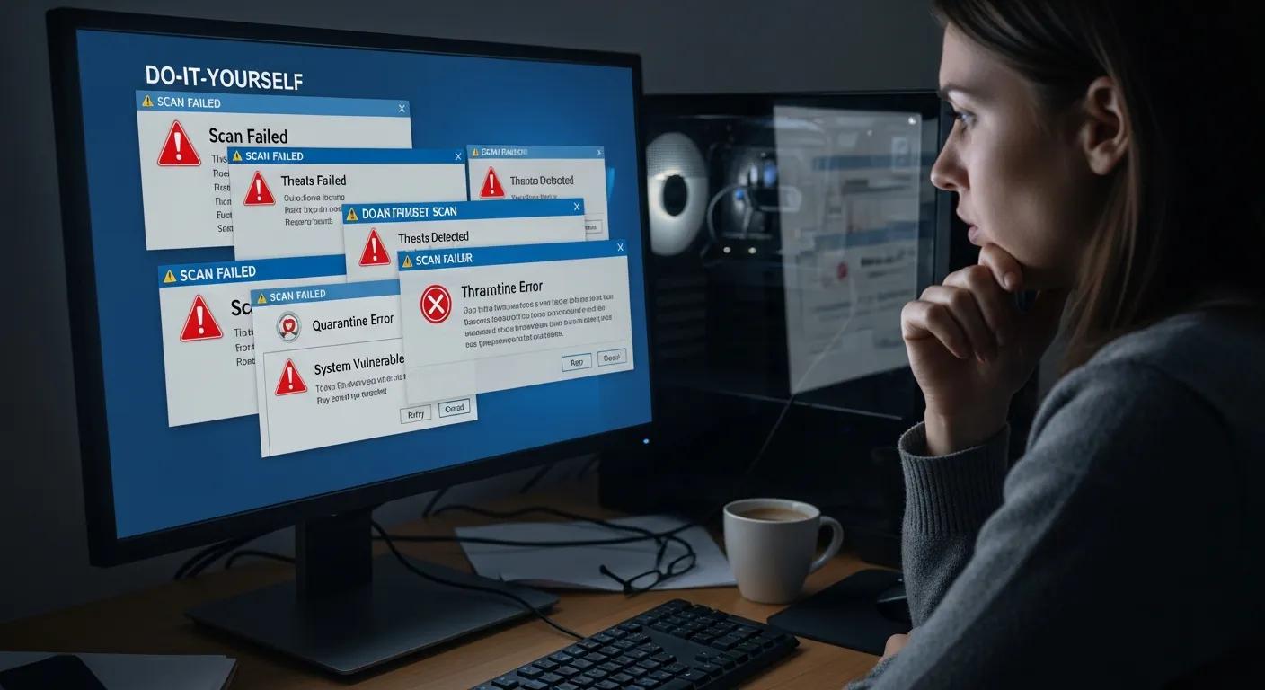 Woman looking at computer screen displaying multiple error messages about failed virus scans and system vulnerabilities, illustrating risks of DIY virus removal methods.