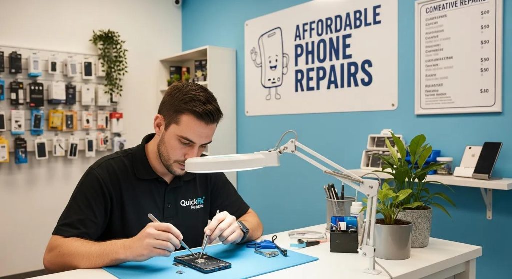 Technician performing phone repairs at a workstation with tools and a sign reading "Affordable Phone Repairs," highlighting expertise in device servicing.