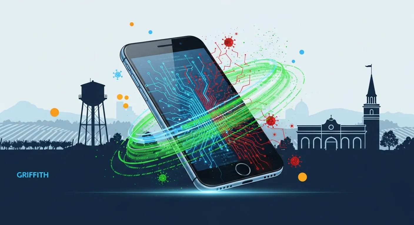 Smartphone with virus and malware graphics, representing mobile virus repair services in Griffith.