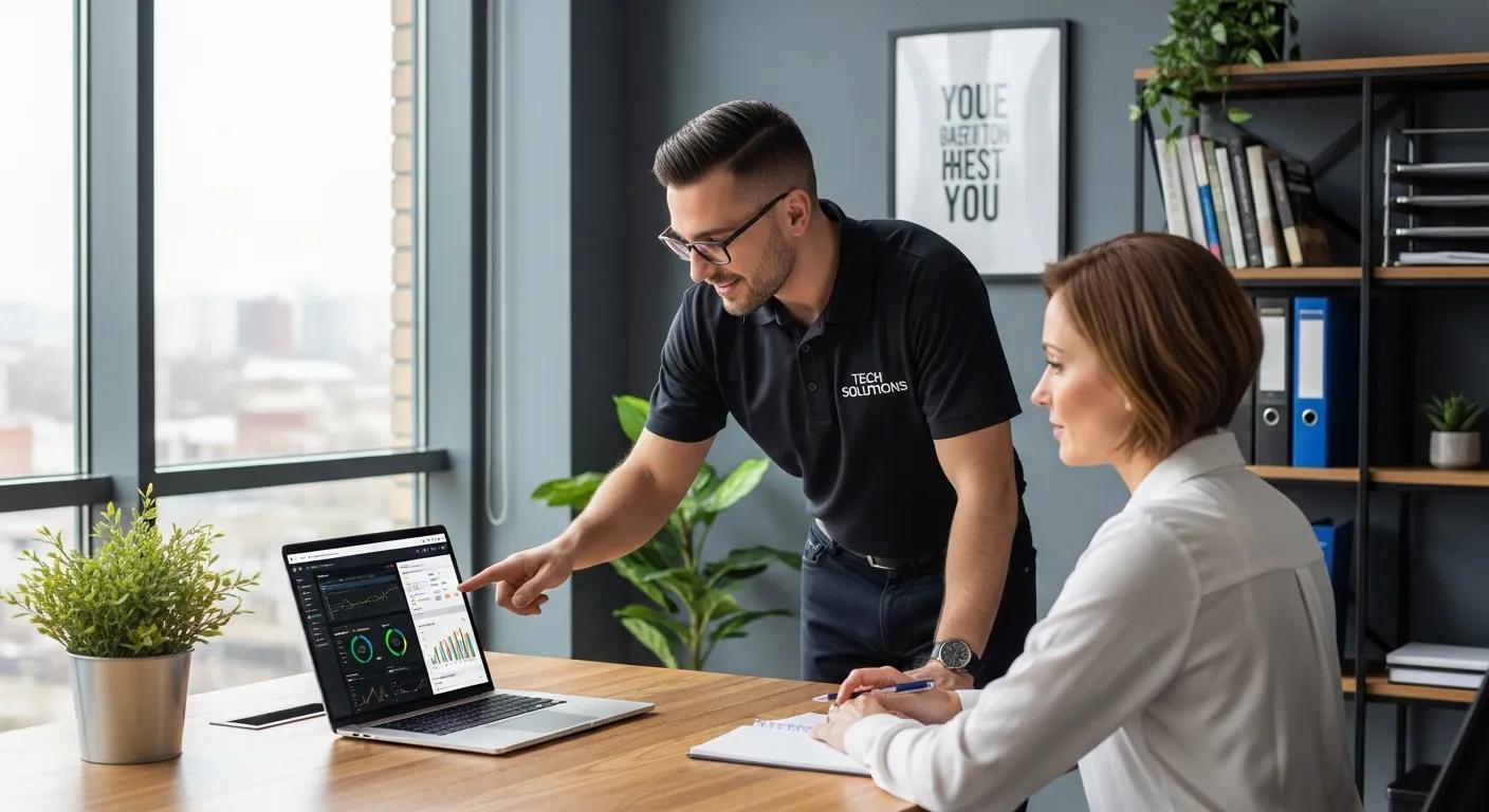 IT professional in a black shirt discussing data analytics on a laptop with a businesswoman, emphasising tailored IT support and cybersecurity strategies for small businesses.