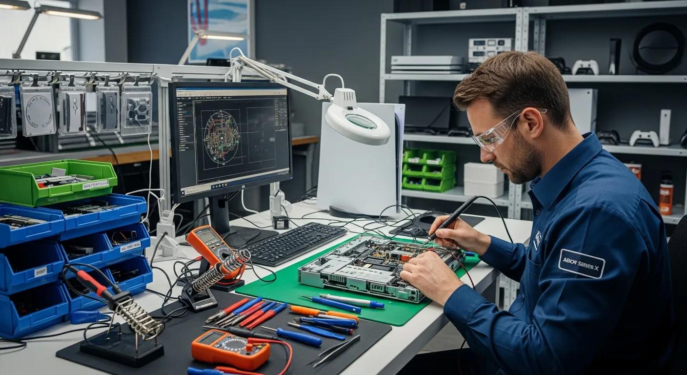 Technician repairing gaming console motherboard in a well-equipped workshop, surrounded by tools and diagnostic equipment for PlayStation, Xbox, and Nintendo Switch repairs.
