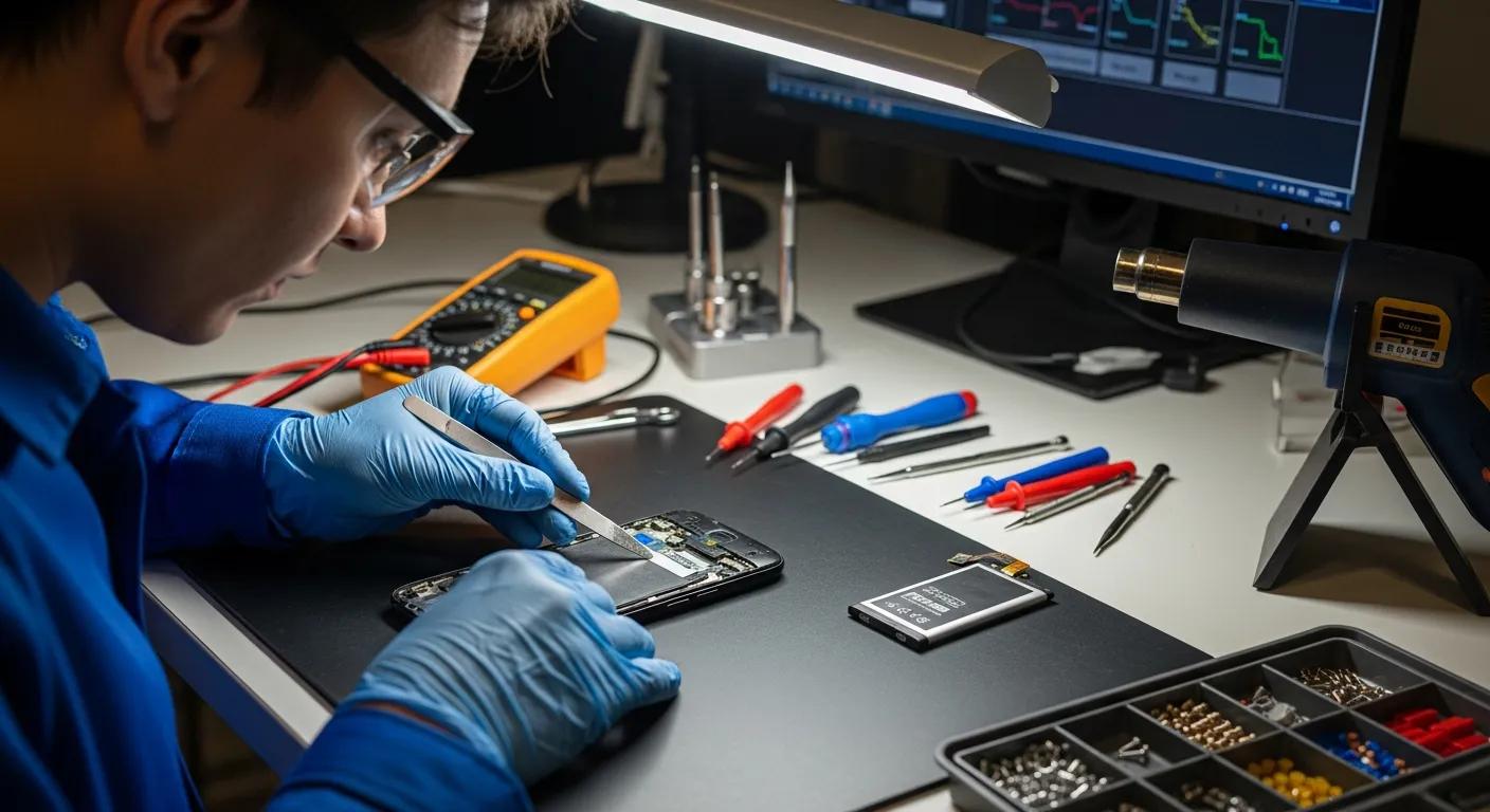 Technician repairing smartphone screen with tools and equipment on workbench, demonstrating professional phone repair services in Griffith.