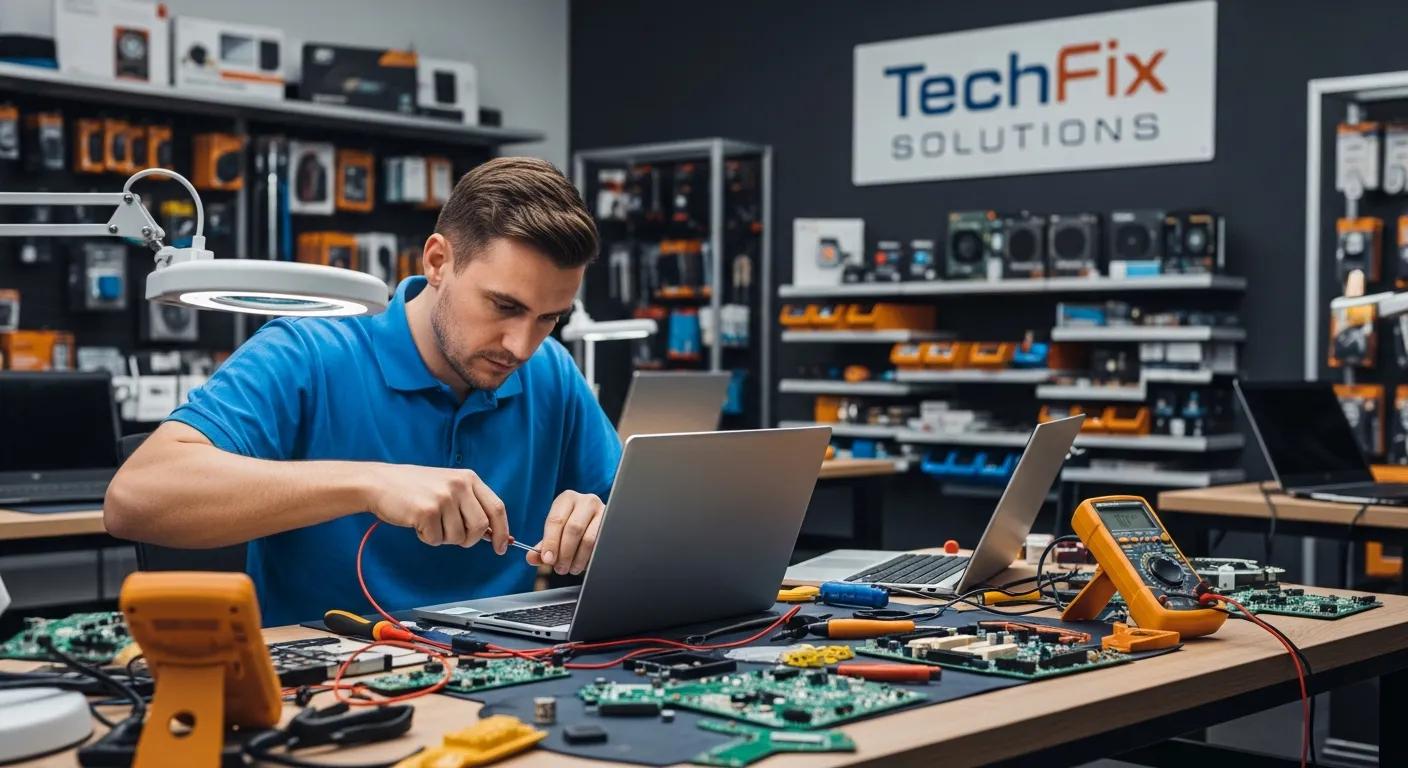 Technician repairing laptop in computer repair shop, surrounded by circuit boards and tools, representing expert troubleshooting services in Port Augusta.