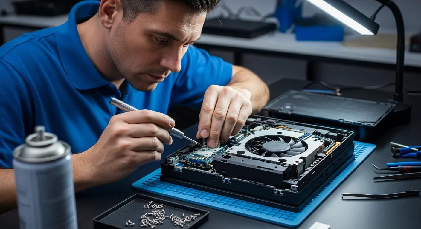 Technician repairing gaming console with internal fan, tools, and components on workbench, illustrating Bizup's console repair services for fan noise reduction.