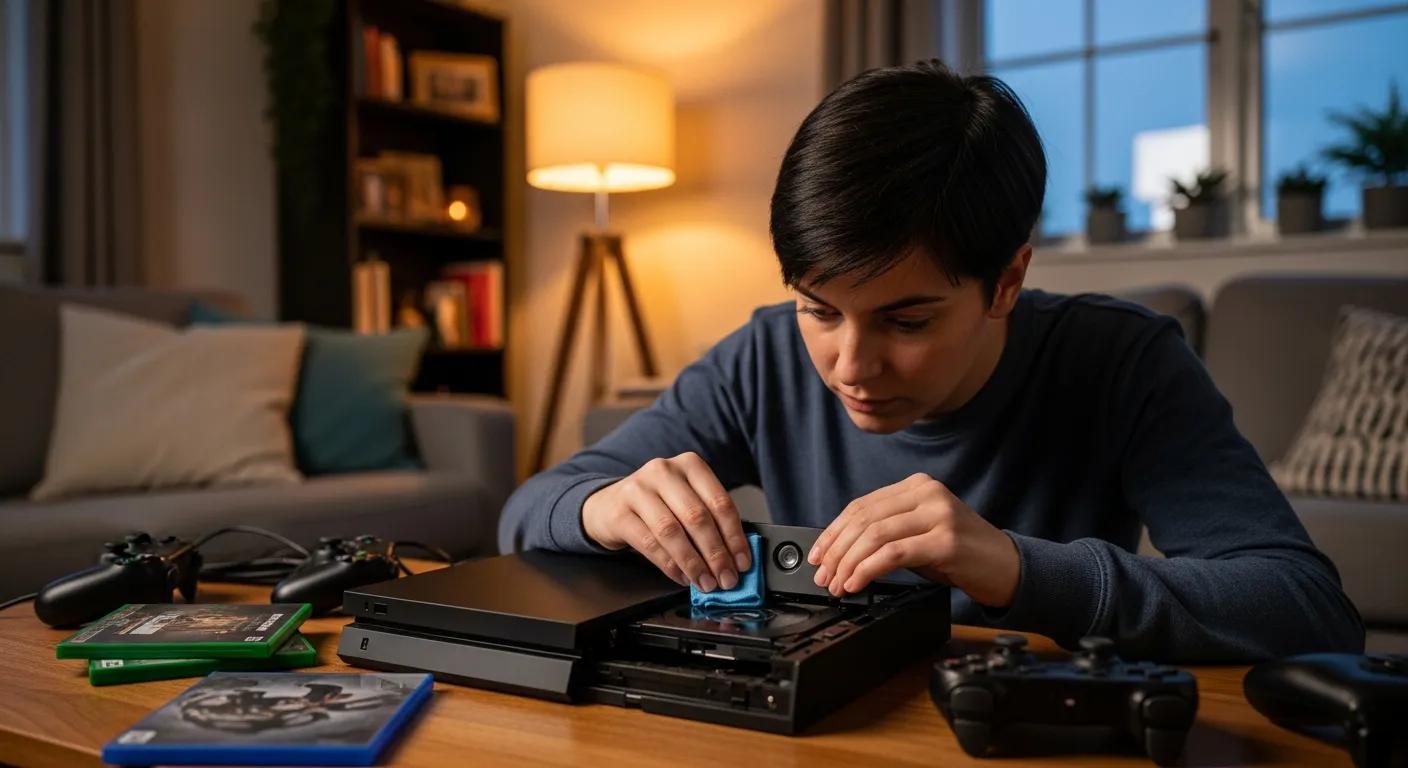 Young person cleaning the laser lens of a gaming console with a soft cloth, surrounded by game discs and controllers, in a well-lit living room setting.