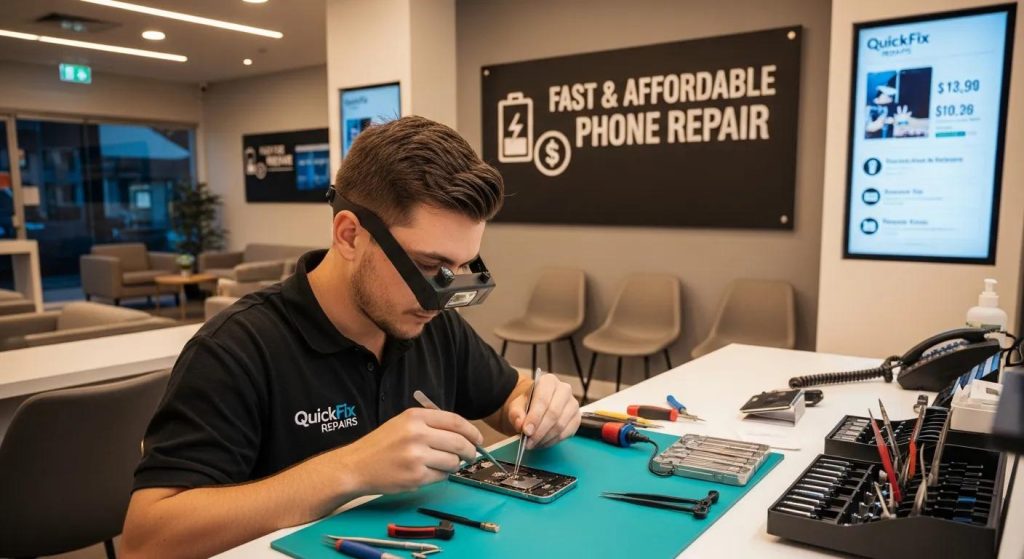 Technician repairing smartphone at QuickFix Repairs, showcasing fast and affordable phone repair services in a modern shop setting.