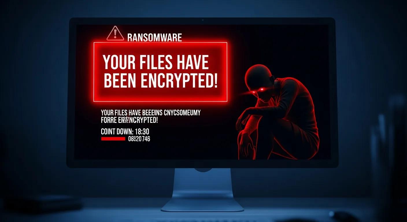 Ransomware alert on computer screen displaying "YOUR FILES HAVE BEEN ENCRYPTED!" with countdown timer and figure symbolising a victim of cyber threats, emphasising the dangers of malware.