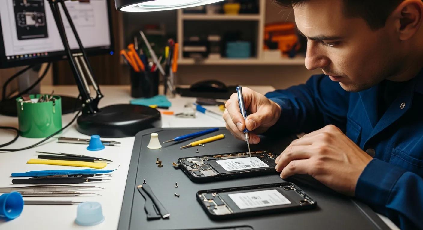 Technician repairing mobile phone screens and batteries with tools on a workbench, emphasising Bizup's phone repair services in Murray Bridge.