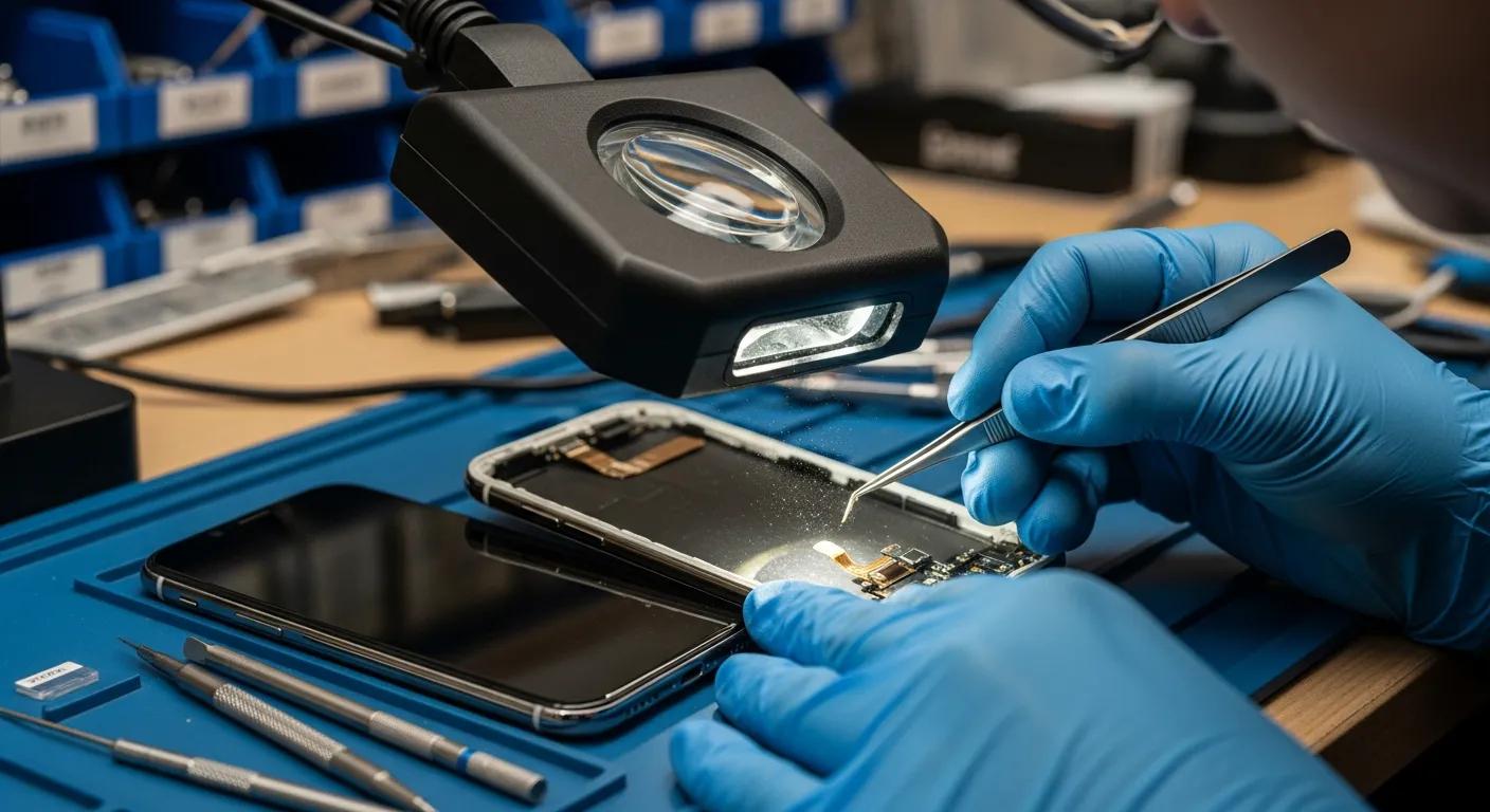Technician in blue gloves repairing an iPhone with a magnifying lamp, showcasing battery replacement process and precision tools on a workbench.