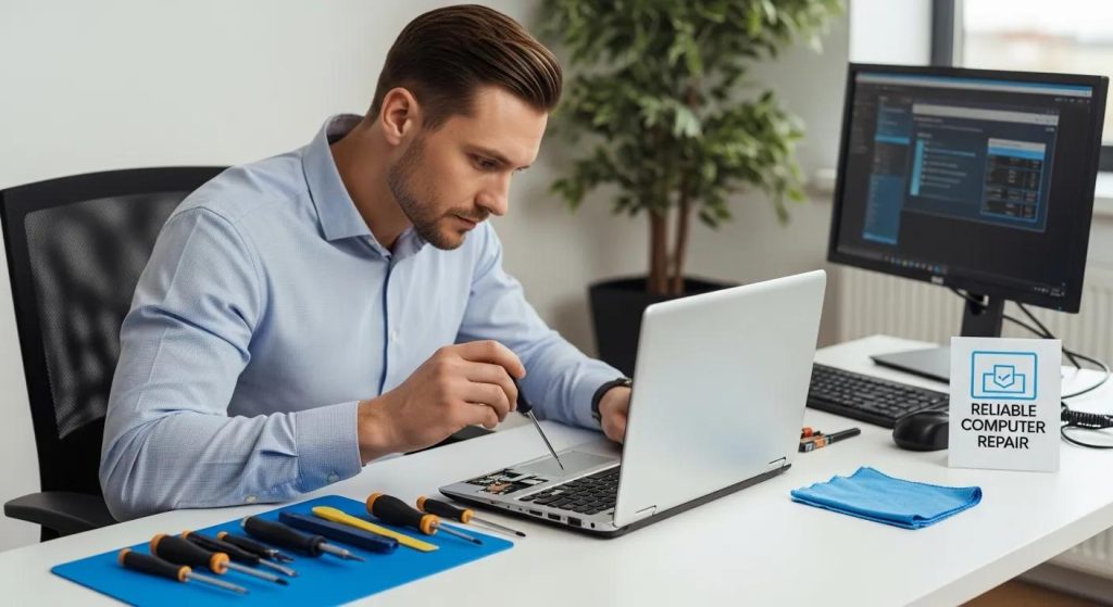 Man working on laptop with tools on desk and "Reliable Computer Repair" sign, showcasing expertise in computer repairs.