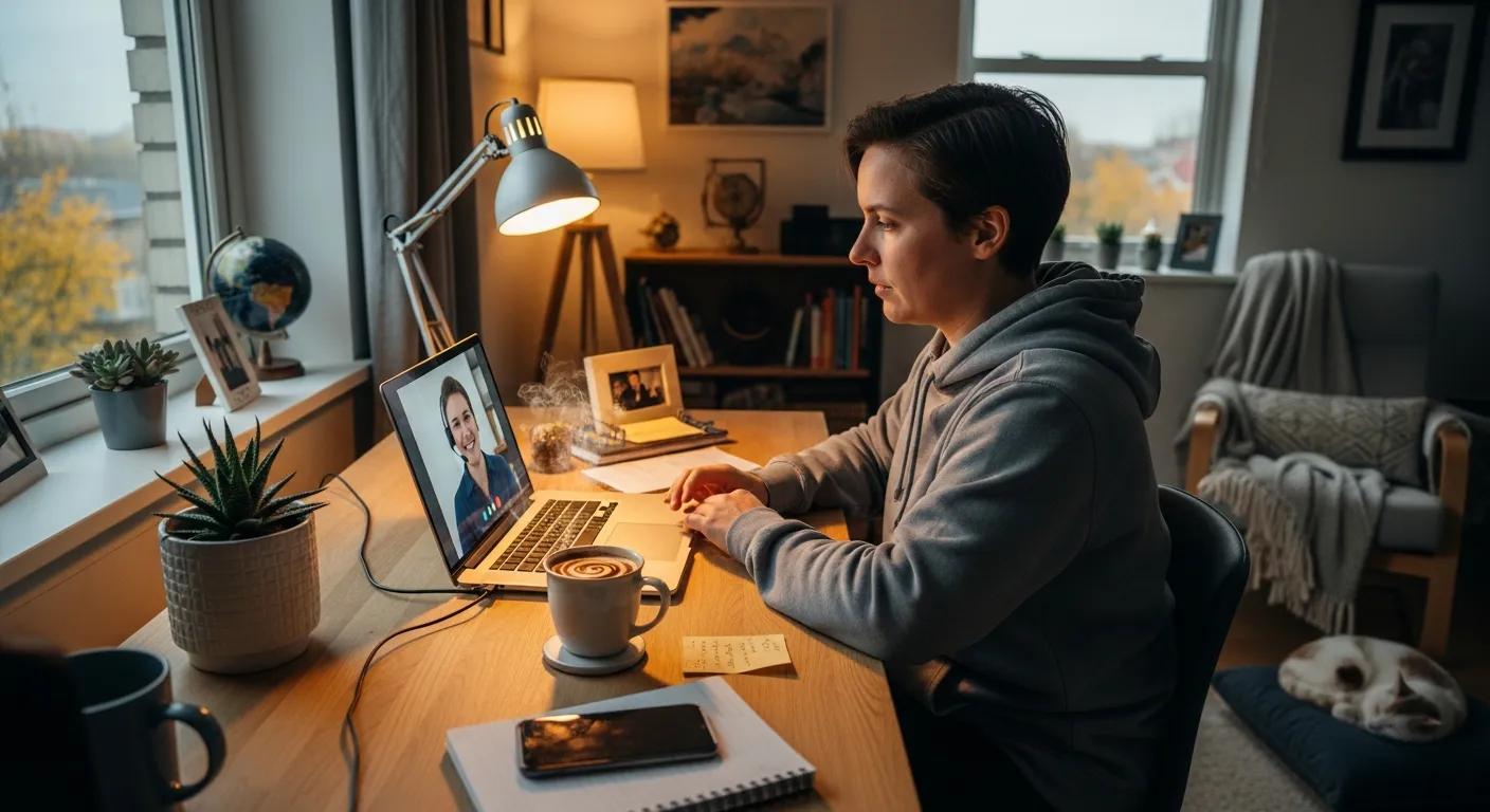 Person engaged in remote tech support session on laptop, with coffee cup and plants on desk, illustrating convenience of online computer repair services.