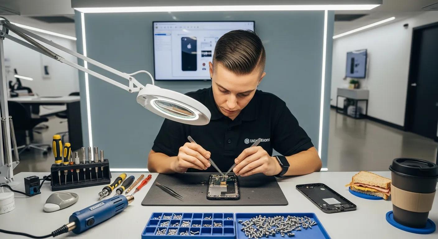 Technician repairing smartphone with tools and components on desk, illustrating phone repair services in Griffith by Bizup.