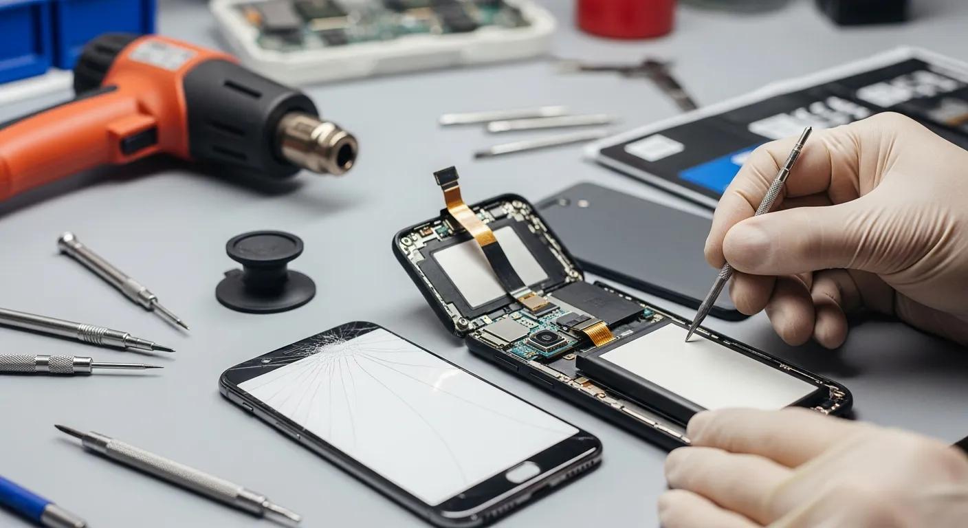 Phone repair workspace with technician's hand working on smartphone, featuring disassembled device with cracked screen, repair tools, and heat gun, illustrating common phone repair services in Griffith.