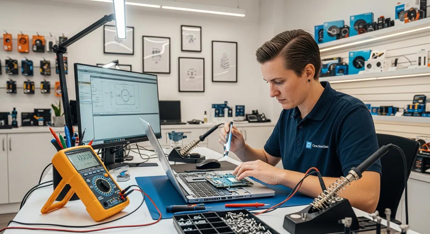 Technician repairing a laptop in a computer repair shop, surrounded by tools and equipment, illustrating local computer repair services in Murray Bridge.