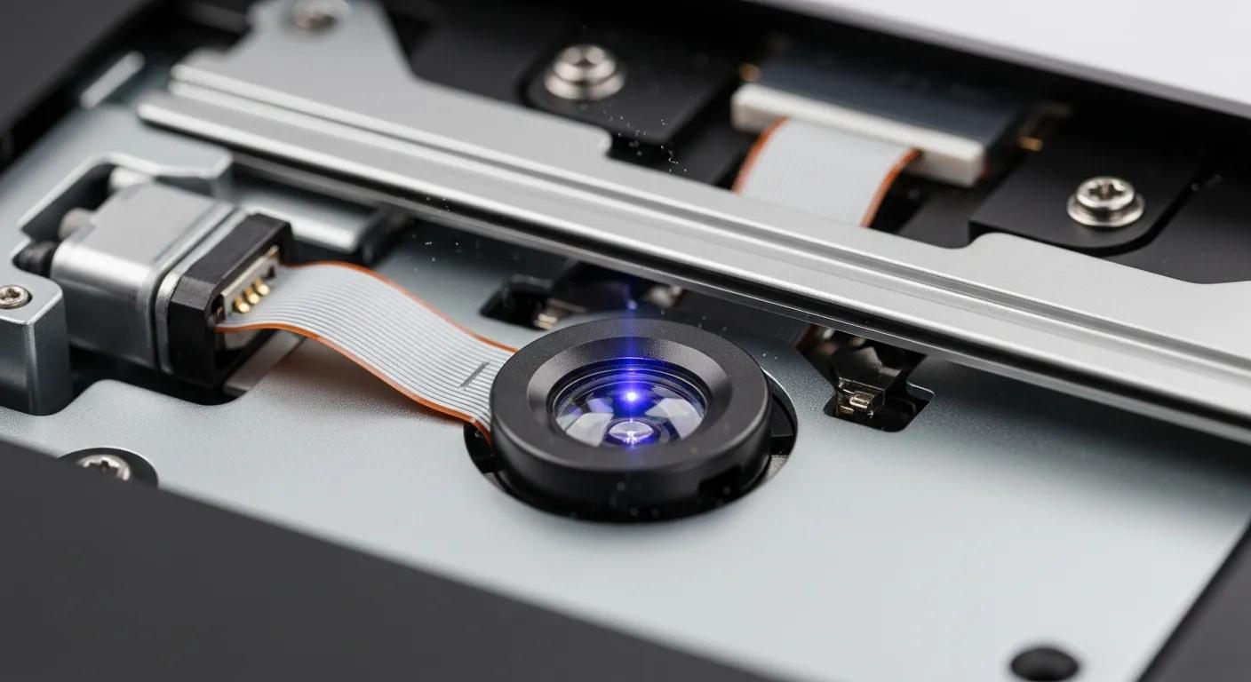 Laser lens mechanism of a gaming console disc drive, featuring a blue laser light, illustrating potential causes of disc reading issues and the importance of lens maintenance.