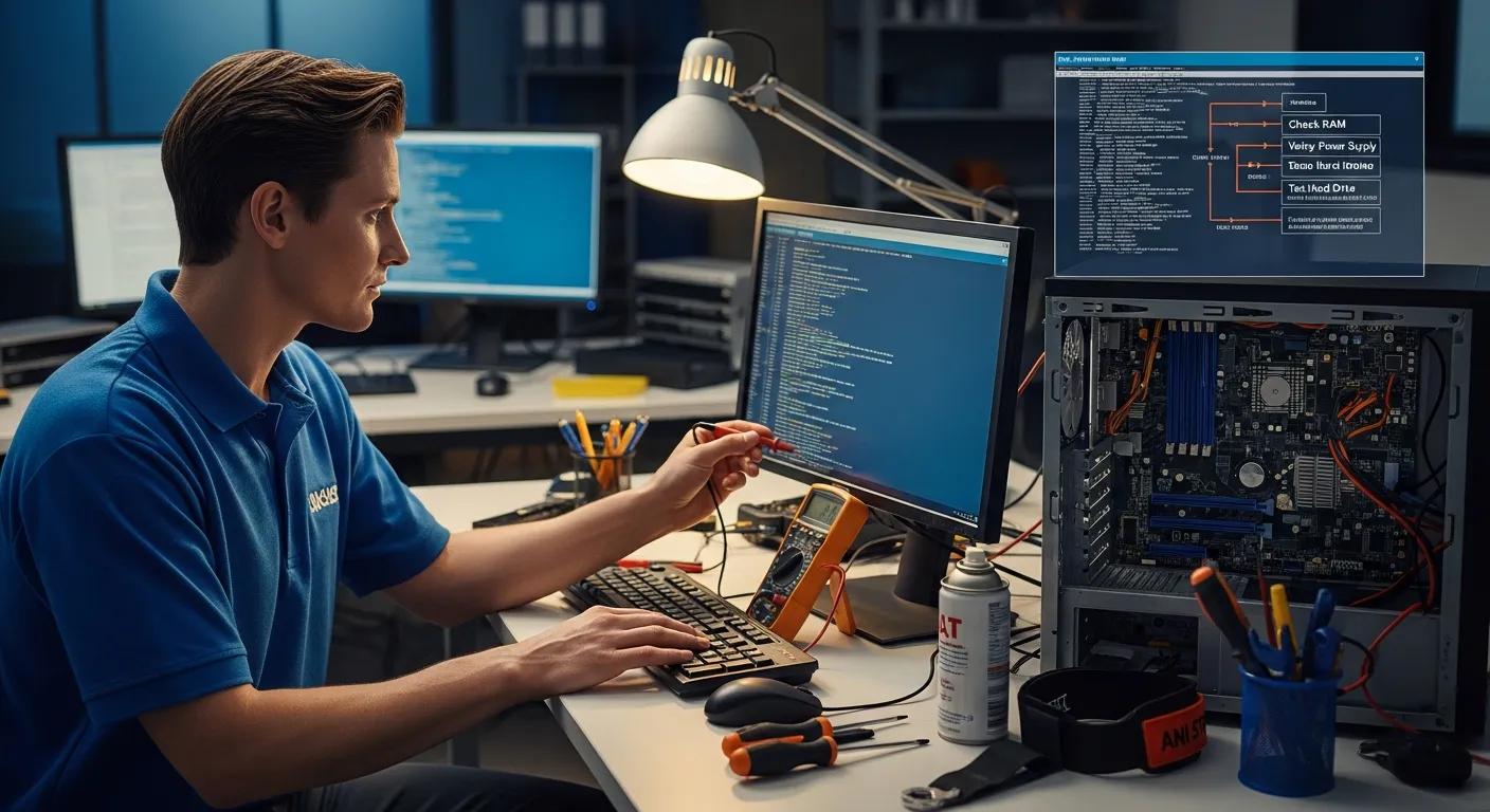 Technician in blue shirt working on desktop computer repair, analysing code on dual monitors, tools and equipment on desk, illustrating Bizup's desktop troubleshooting services.