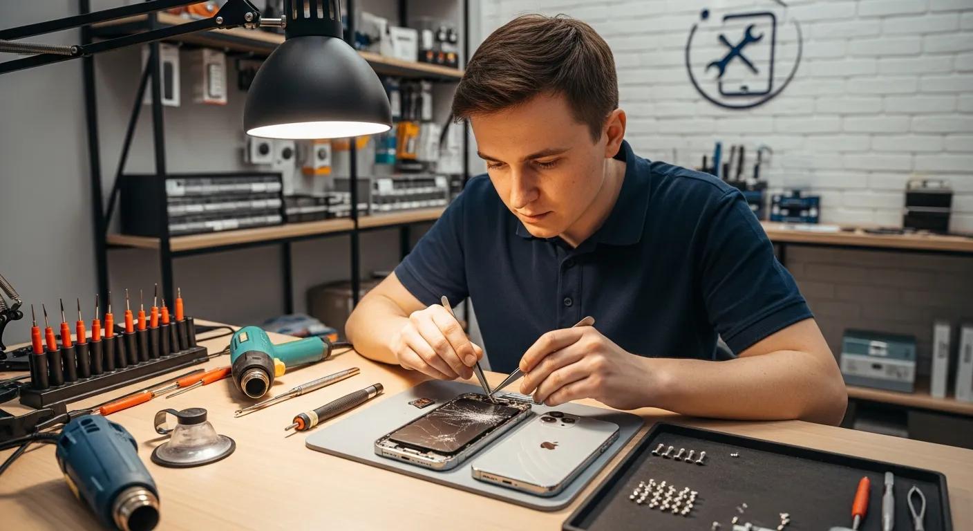 Technician repairing cracked iPhone screen with tools at a workbench, emphasising local iPhone repair services in Griffith.