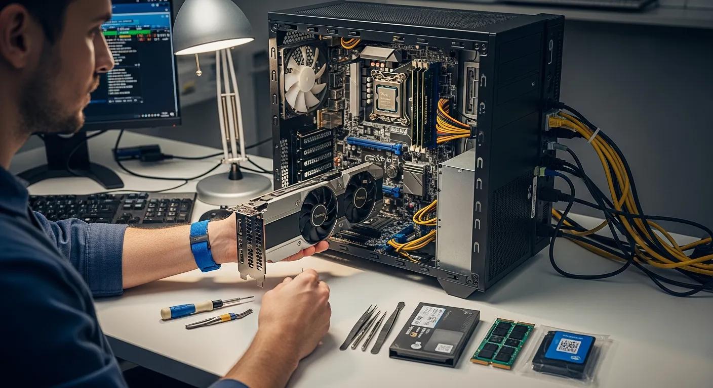 Person installing a graphics card in a desktop computer, surrounded by tools and hardware components, illustrating local computer repair services in Murray Bridge.