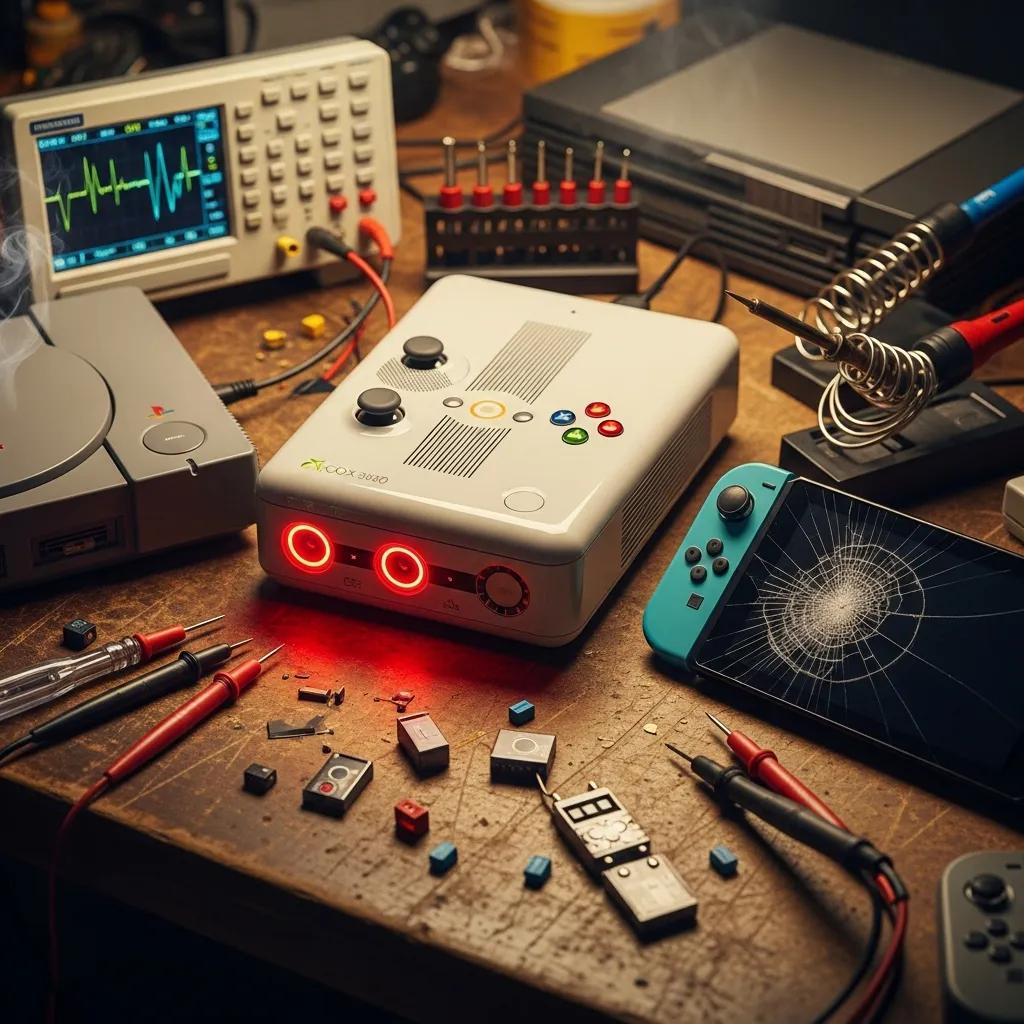 Gaming console repair setup with Xbox diagnostic tool, PlayStation console, Nintendo Switch with cracked screen, and various electronic components on a workbench, illustrating common hardware issues and repair processes.