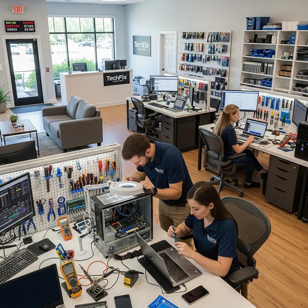 Computer repair technicians working on laptops and desktops in a modern repair shop, illustrating expert solutions for device support in Murray Bridge.