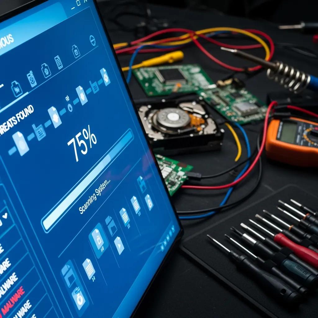 Computer screen displaying virus removal software scanning for threats at 75% completion in a tech-savvy workspace with circuit boards and tools.