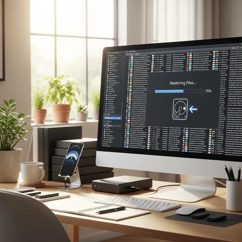 Computer screen displaying data recovery process with "Restoring Files..." progress bar at 75%, emphasizing data protection and recovery solutions for cybersecurity.