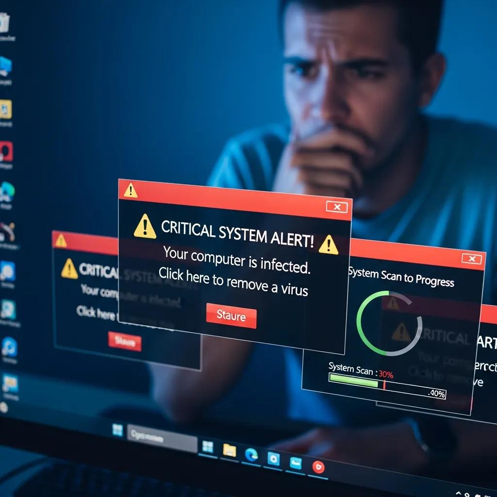 Computer screen displaying multiple critical system alerts indicating a virus infection, with a concerned individual in the background, highlighting the importance of identifying malware symptoms and taking prompt action for virus cleaning.