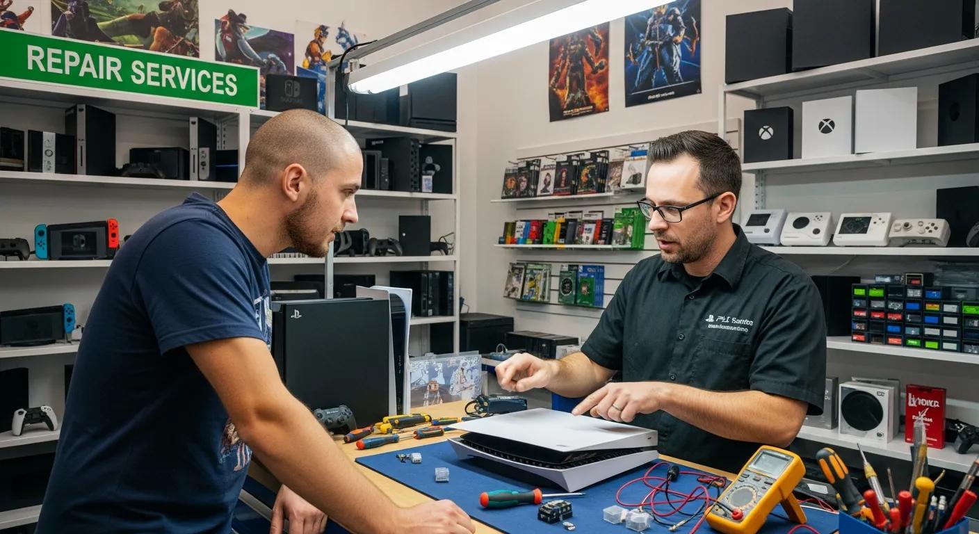 Technician assisting customer with PlayStation console repair, tools and diagnostic equipment on table, gaming consoles displayed in the background, sign indicating "REPAIR SERVICES."