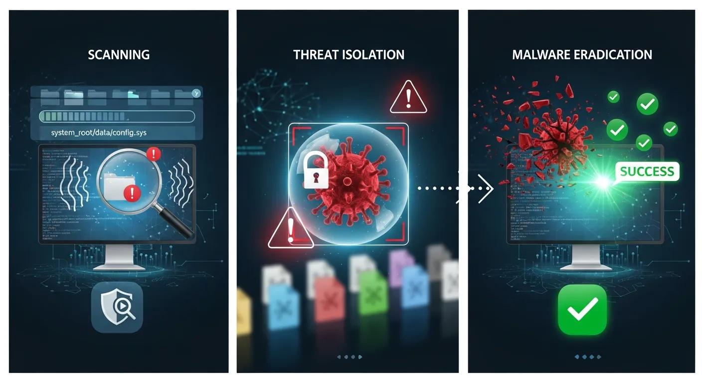 Scanning process for malware detection, threat isolation with a red virus symbol, and successful malware eradication, illustrating Bizup's virus removal services.