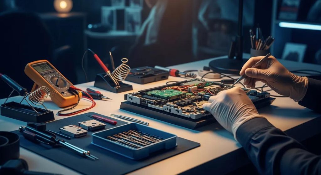 Technician repairing a circuit board with tools and equipment on a workbench, highlighting computer repair services in Murray Bridge.