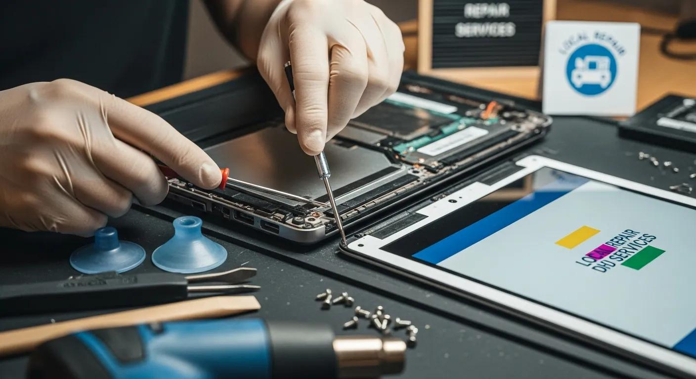 Technician repairing a laptop with tools and suction cups, showcasing local computer repair services and diagnostic assessments.