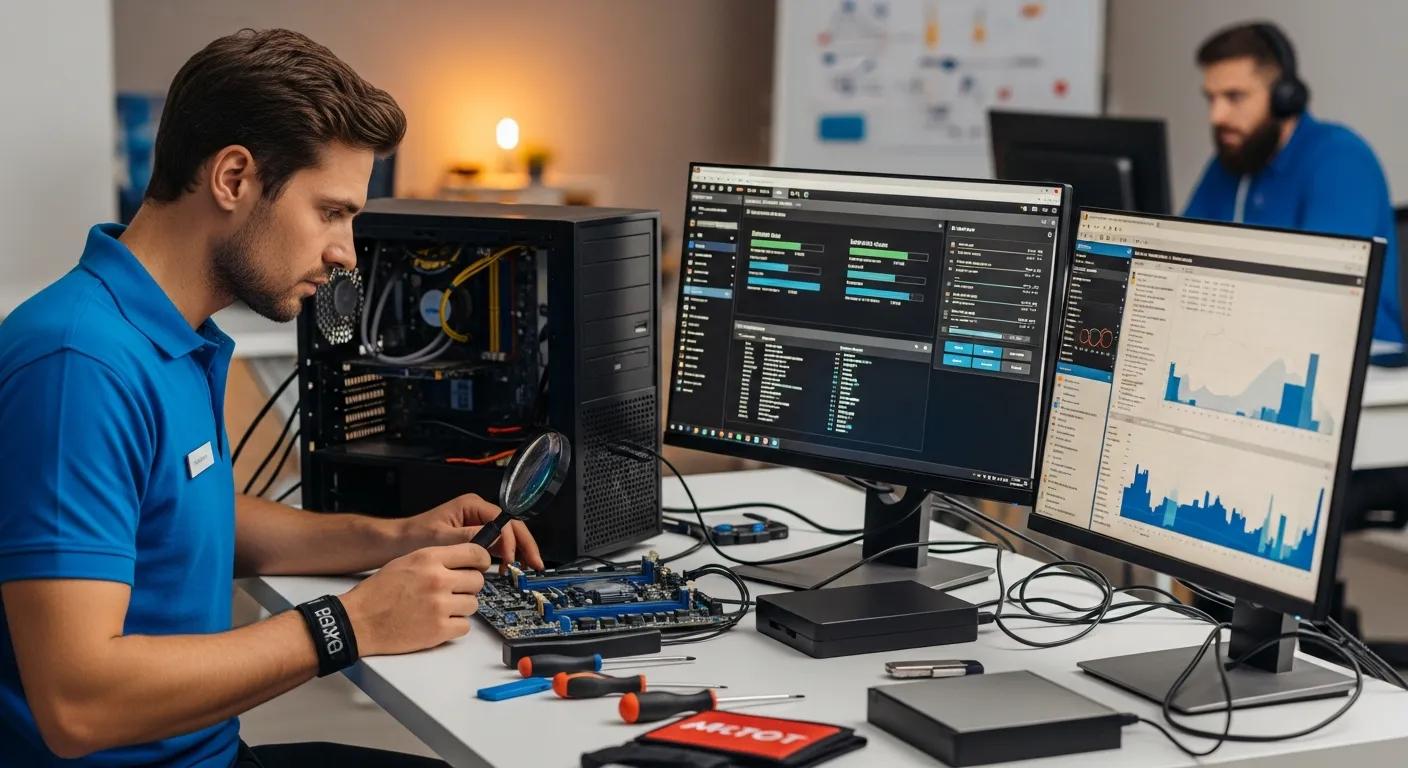 Technician in blue shirt examining computer hardware with magnifying glass, dual monitors displaying diagnostic software and data graphs, IT support environment at Bizup in Port Augusta West.