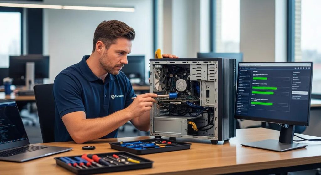Technician repairing a desktop computer in a modern office, with tools and a laptop on the table, illustrating professional computer repair services in Murray Bridge.