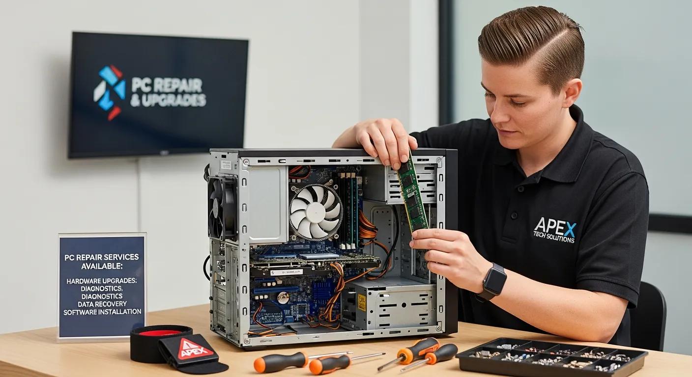 Technician performing hardware upgrades on a computer, showcasing PC repair services, with tools and service information displayed prominently.