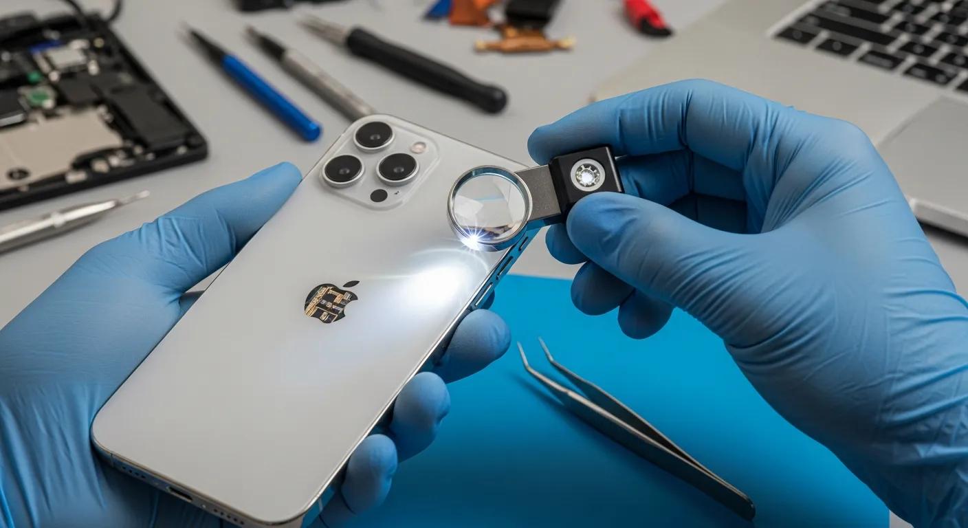 Technician inspecting iPhone with magnifying glass, focused on battery replacement process, surrounded by repair tools and equipment.