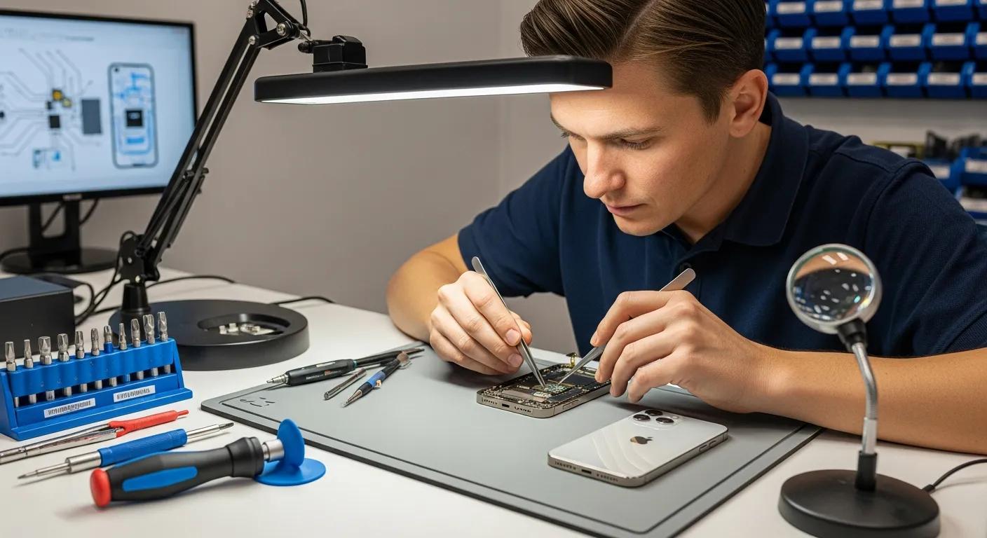 Technician repairing iPhone with tools on workbench, focused on internal components, surrounded by equipment and a computer display illustrating repair processes.